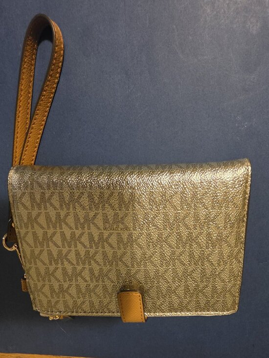Michael Kors Handbags - NWOT Michael Kors Adele Double Zip Wristlet Gold Metallic MK Signature
